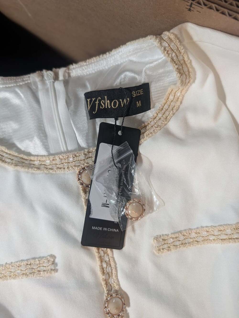 Vfshow Tweed Trim Dress Size M White Short Sleeve Pearl Buttons